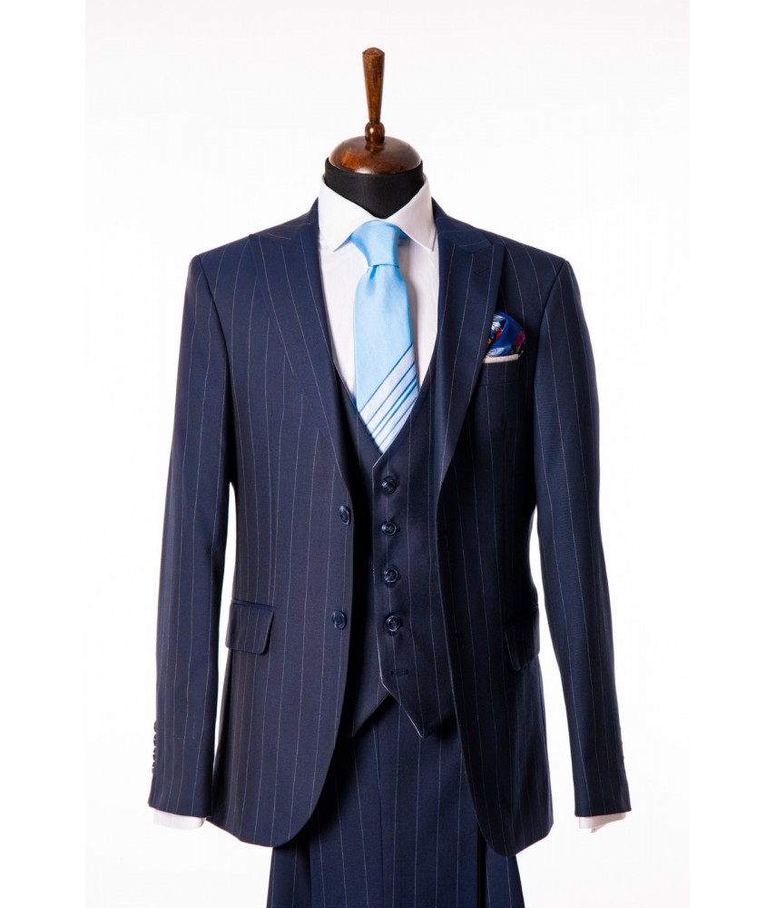Costum Barbati Business Bleumarin Cu Dungi